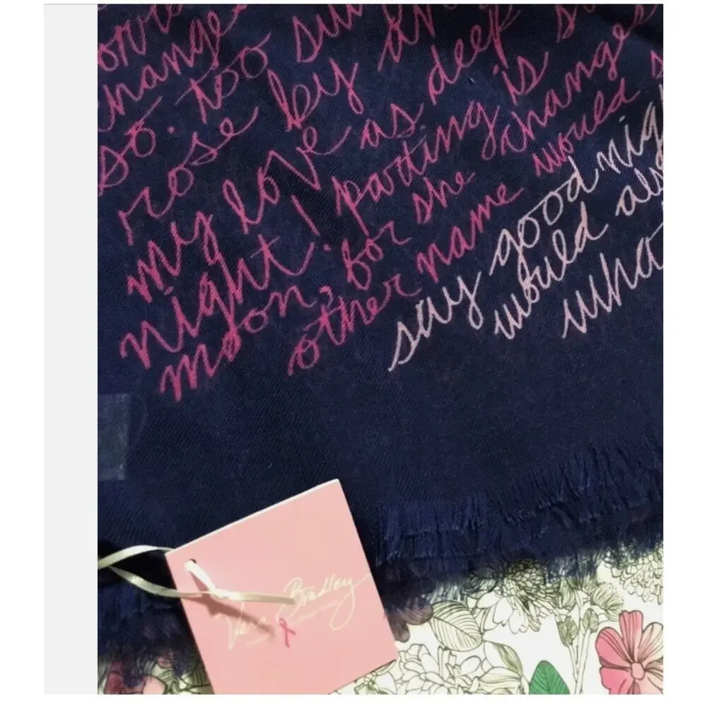 Vera Bradley Printed Poly Scarf-Katina Love-Navy Blue/Pink Script-76x36-NEW-1053